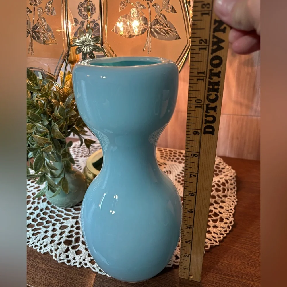 Crate & Barrel Karma Hourglass Shaped Teal Blue Vase Home Accents